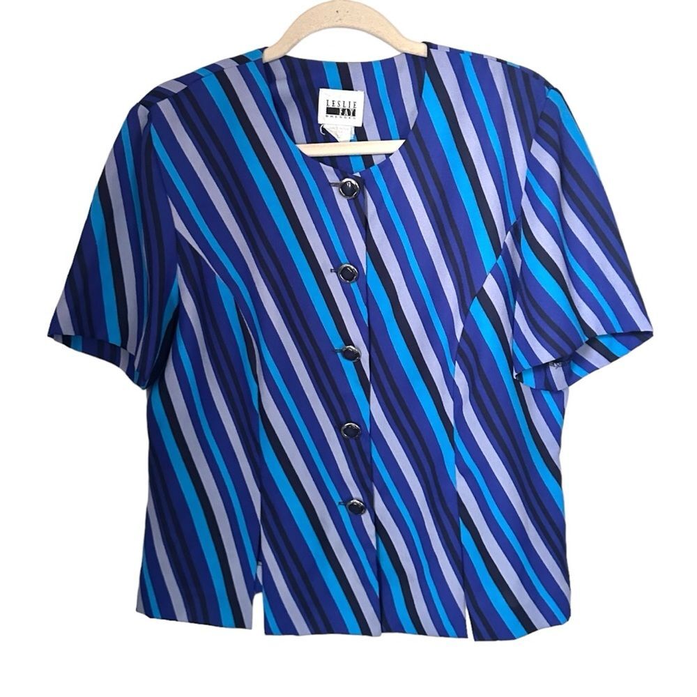Leslie Fay 90's Vintage Women’s Sz 12 Blue Stripe Top Button Up Short Sleeve